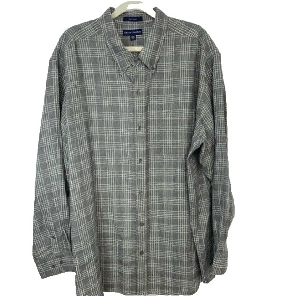 Grant Thomas Shirt Men XXL Pure Linen Gray White Check Long Sleeve Button Travel